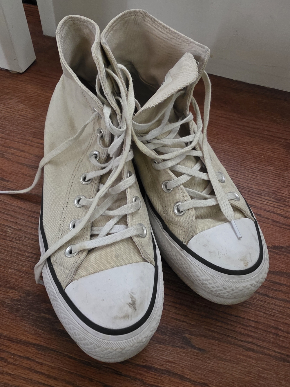 High-Top Canvas Lace-Up Sneakers in Cream